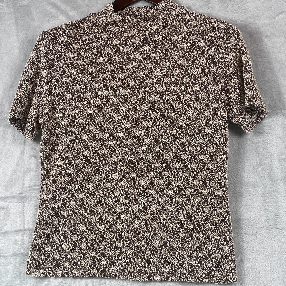 VTG Casual Corner Womens L Crochet Textured Top Brown Cream Mock Neck Stretch